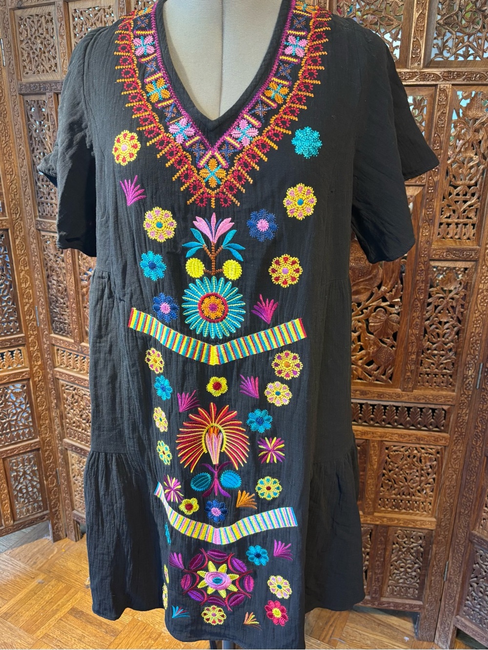 Black V-Neck Midi Dress with Colorful Floral Embroidery